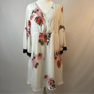Candie's Babydoll Tunic Dress Bell Sleeve Floral Pink Green White Size XL